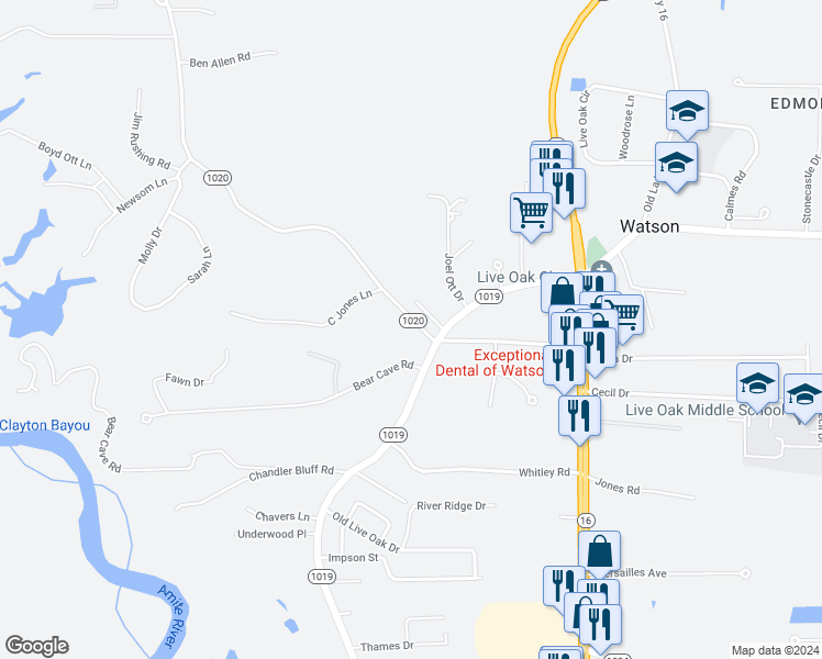 map of restaurants, bars, coffee shops, grocery stores, and more near 34777 Bend Road in Denham Springs