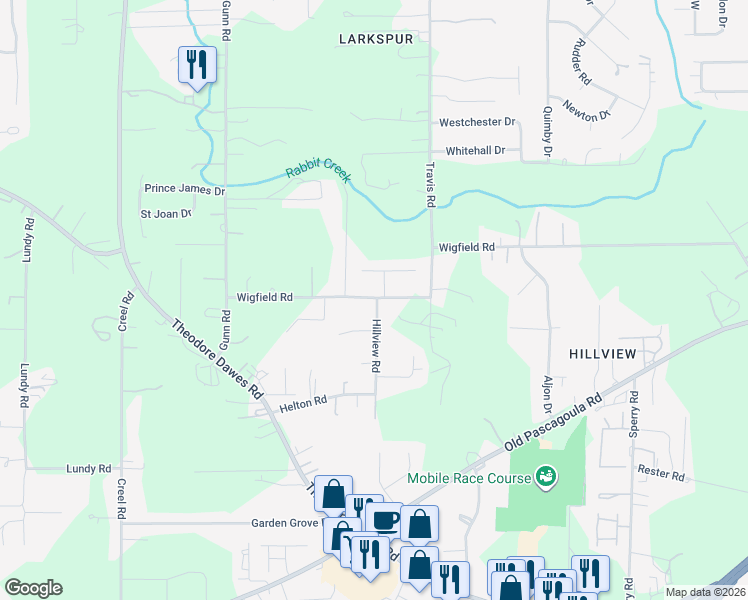map of restaurants, bars, coffee shops, grocery stores, and more near 7391 West Willder Oaks Court in Mobile
