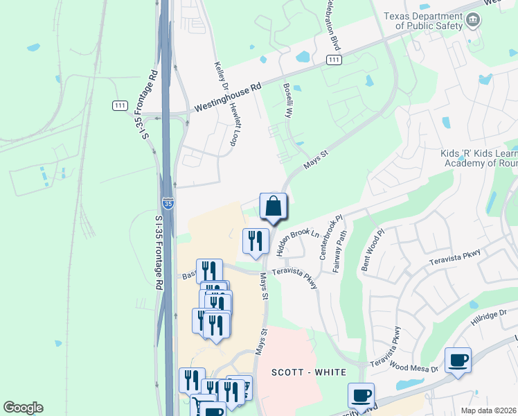 map of restaurants, bars, coffee shops, grocery stores, and more near 5000 North Mays Street in Round Rock