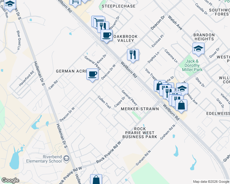 map of restaurants, bars, coffee shops, grocery stores, and more near 140 Tang Cake Drive in College Station