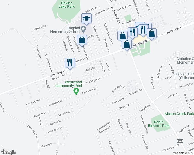 map of restaurants, bars, coffee shops, grocery stores, and more near 1709 Candlelight Drive in Leander