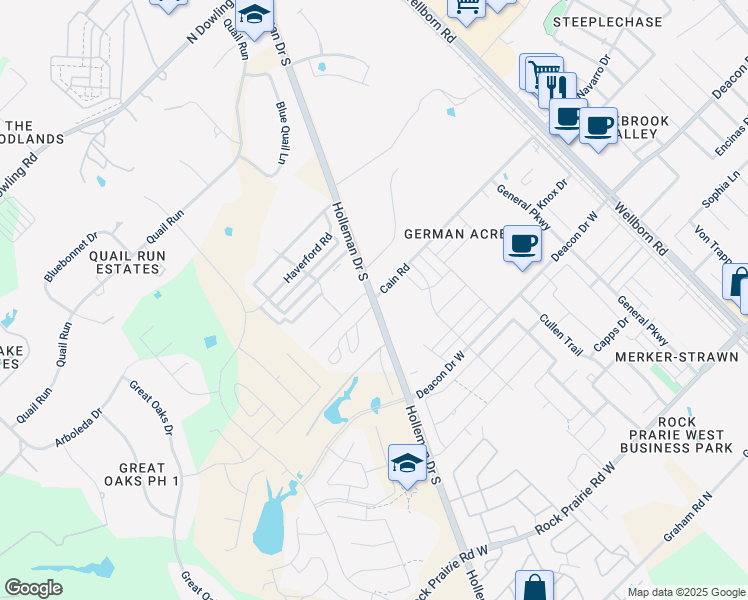 map of restaurants, bars, coffee shops, grocery stores, and more near 3209 Cain Road in College Station