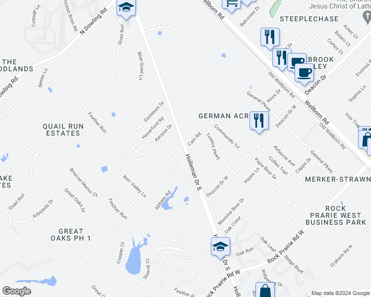 map of restaurants, bars, coffee shops, grocery stores, and more near 3185 Cain Road in College Station