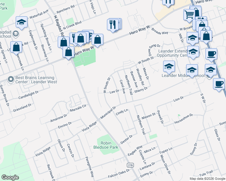 map of restaurants, bars, coffee shops, grocery stores, and more near 201 Katherine Way in Leander