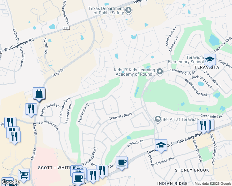 map of restaurants, bars, coffee shops, grocery stores, and more near 1107 Winding Creek Place in Round Rock