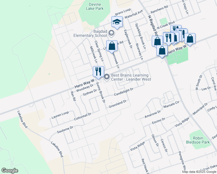 map of restaurants, bars, coffee shops, grocery stores, and more near 310 Edgewood Cove in Leander