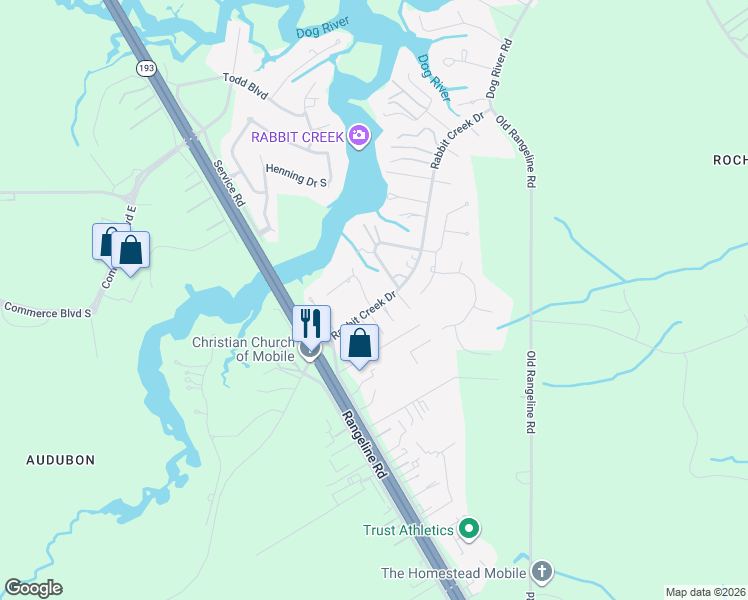 map of restaurants, bars, coffee shops, grocery stores, and more near 5683 Spring Landing Road in Theodore