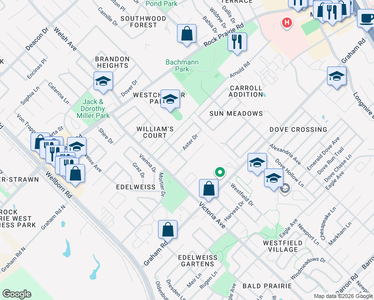 map of restaurants, bars, coffee shops, grocery stores, and more near 707 Aster Drive in College Station