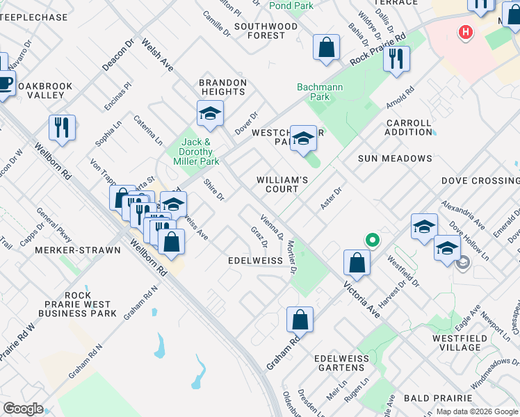 map of restaurants, bars, coffee shops, grocery stores, and more near 3501 Vienna Drive in College Station