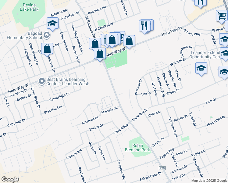 map of restaurants, bars, coffee shops, grocery stores, and more near 149 North Bagdad Road in Leander