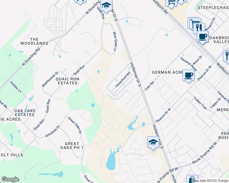map of restaurants, bars, coffee shops, grocery stores, and more near 3605 Haverford Road in College Station