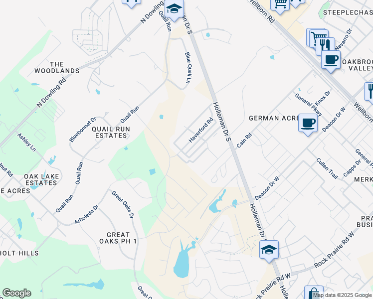 map of restaurants, bars, coffee shops, grocery stores, and more near 3605 Haverford Road in College Station