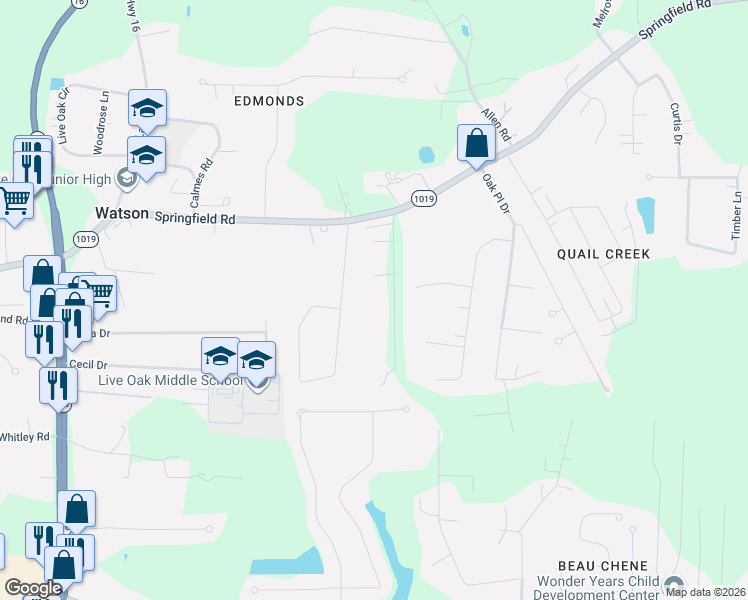 map of restaurants, bars, coffee shops, grocery stores, and more near 34841 Lotts Lane in Denham Springs