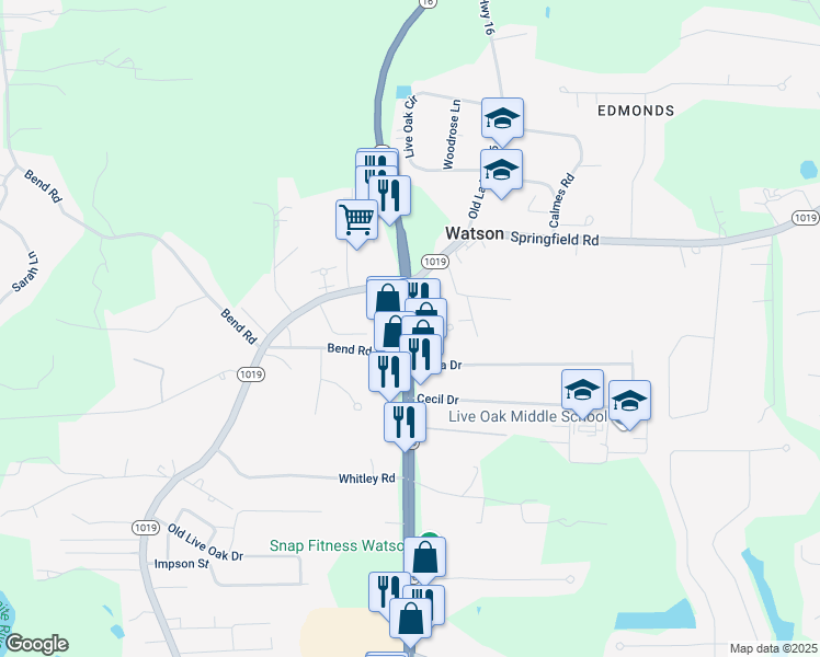 map of restaurants, bars, coffee shops, grocery stores, and more near in Watson