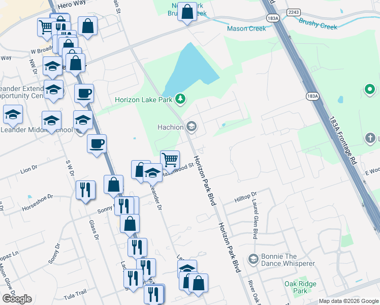 map of restaurants, bars, coffee shops, grocery stores, and more near 605 Horizon Park Boulevard in Leander