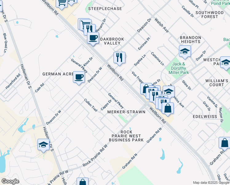 map of restaurants, bars, coffee shops, grocery stores, and more near 3309 Wakewell Court in College Station