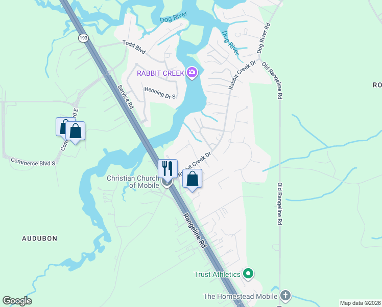 map of restaurants, bars, coffee shops, grocery stores, and more near 5683 Spring Landing Drive in Theodore