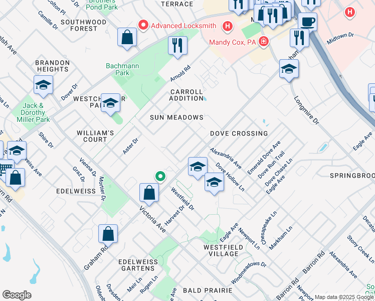 map of restaurants, bars, coffee shops, grocery stores, and more near 935 Sun Meadows Street in College Station