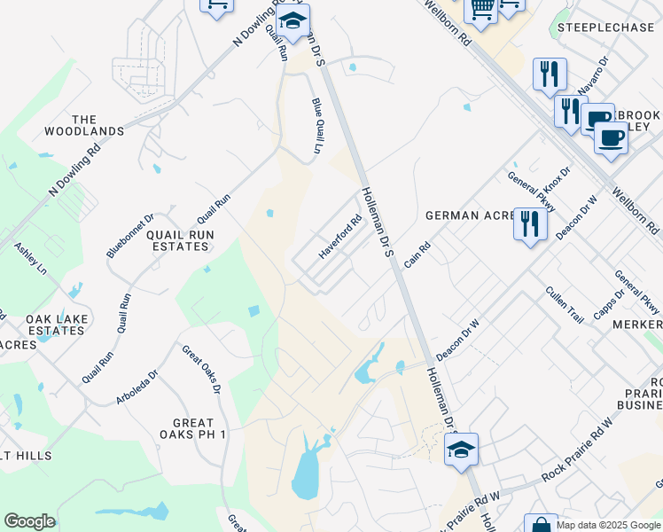map of restaurants, bars, coffee shops, grocery stores, and more near 3605 Haverford Road in College Station