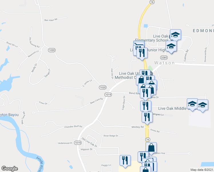 map of restaurants, bars, coffee shops, grocery stores, and more near Crepe Myrtle Lane in Denham Springs