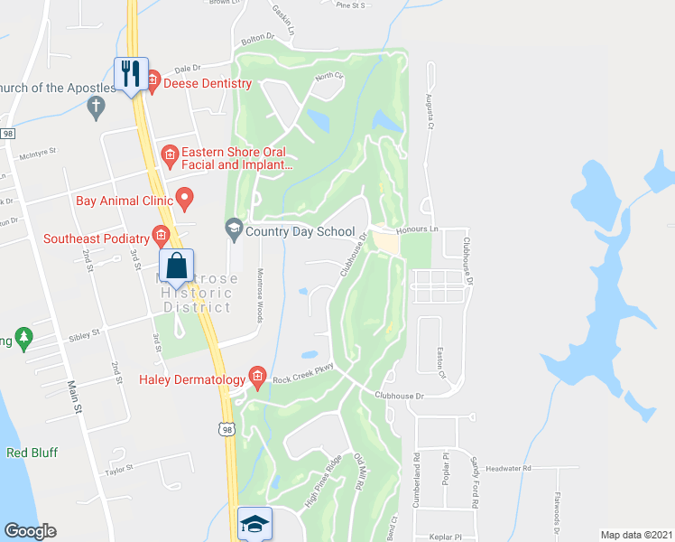 map of restaurants, bars, coffee shops, grocery stores, and more near 103 Sweetwater Lane in Fairhope