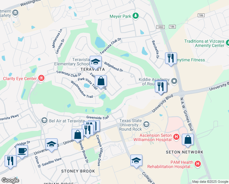 map of restaurants, bars, coffee shops, grocery stores, and more near 4196 Fairmeadow Drive in Round Rock