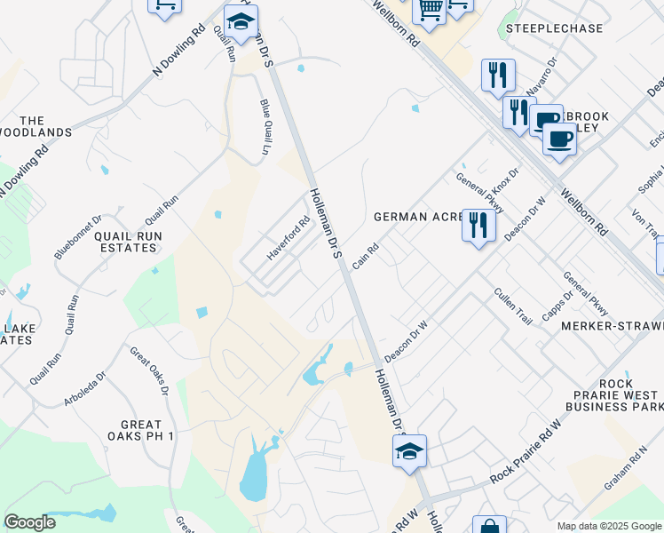 map of restaurants, bars, coffee shops, grocery stores, and more near 3504 Paloma Ridge Drive in College Station