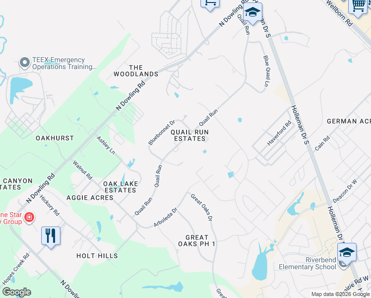 map of restaurants, bars, coffee shops, grocery stores, and more near 2206 Quail Run in College Station