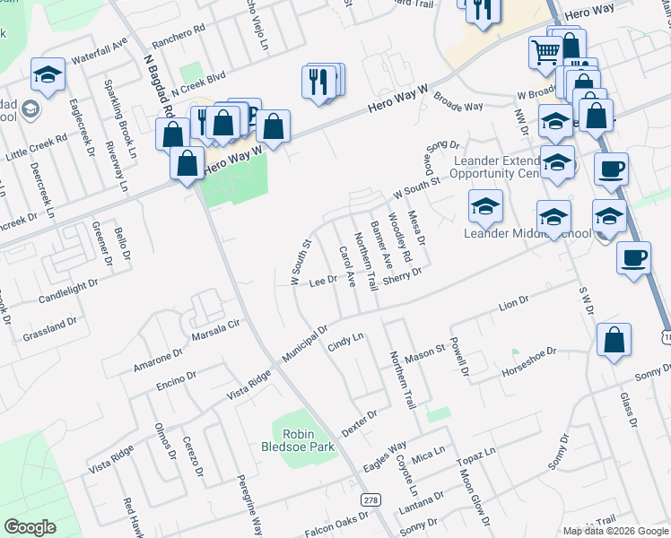 map of restaurants, bars, coffee shops, grocery stores, and more near 206 Carol Avenue in Leander