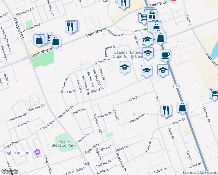 map of restaurants, bars, coffee shops, grocery stores, and more near 604 Sherry Drive in Leander