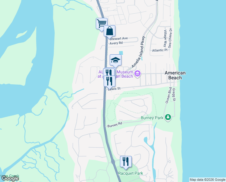 map of restaurants, bars, coffee shops, grocery stores, and more near 1416 Lewis Street in Fernandina Beach