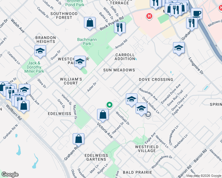 map of restaurants, bars, coffee shops, grocery stores, and more near 3630 Hibiscus Street in College Station