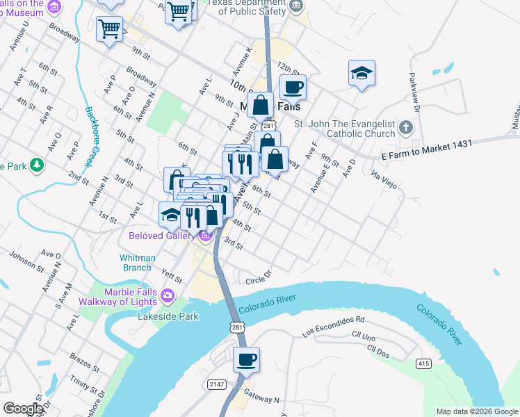 map of restaurants, bars, coffee shops, grocery stores, and more near 607 5th Street in Marble Falls