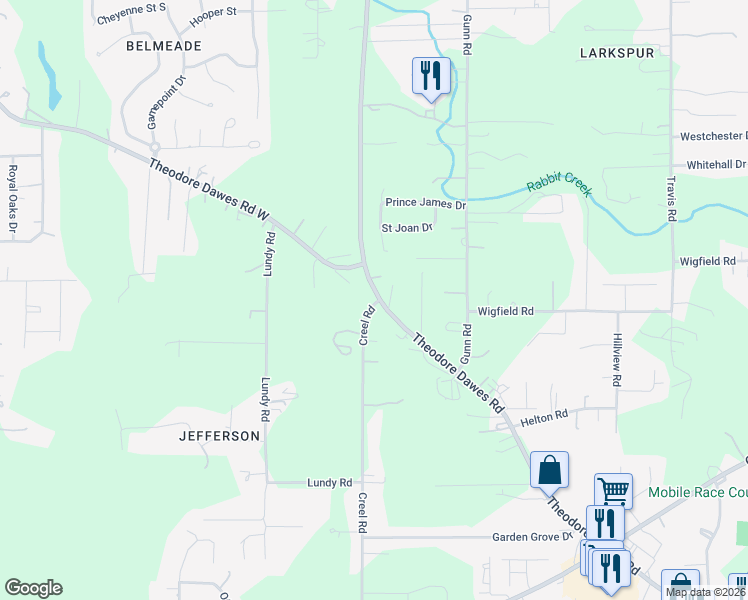 map of restaurants, bars, coffee shops, grocery stores, and more near 7766 Theodore Dawes Rd in Theodore