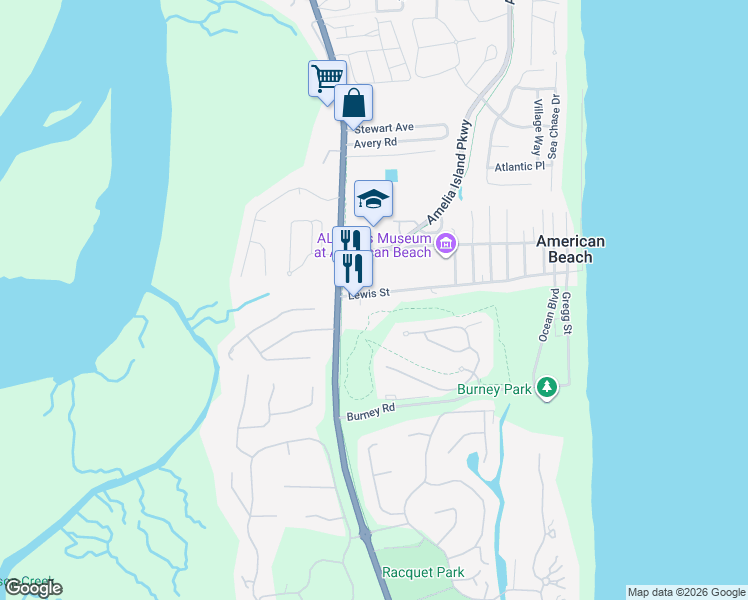 map of restaurants, bars, coffee shops, grocery stores, and more near 1416 Lewis Street in Fernandina Beach