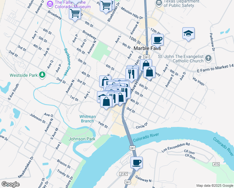 map of restaurants, bars, coffee shops, grocery stores, and more near 318 Main Street in Marble Falls