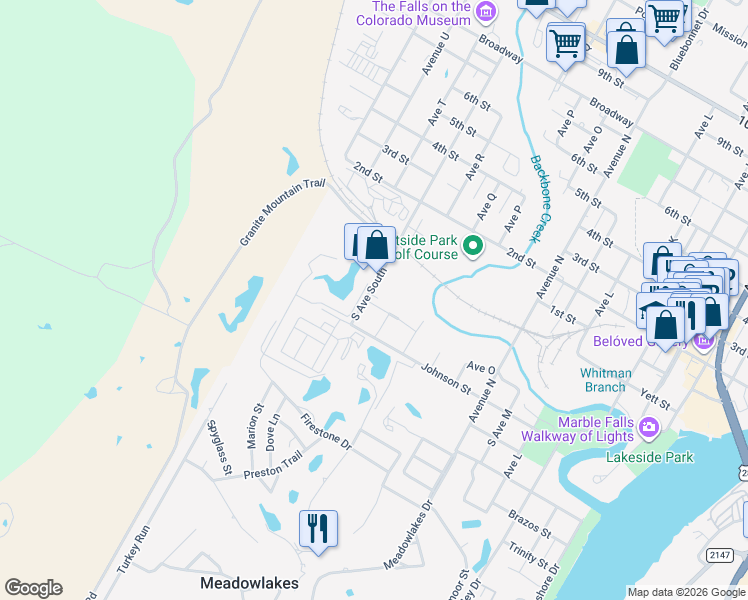 map of restaurants, bars, coffee shops, grocery stores, and more near 217 South Avenue South in Marble Falls