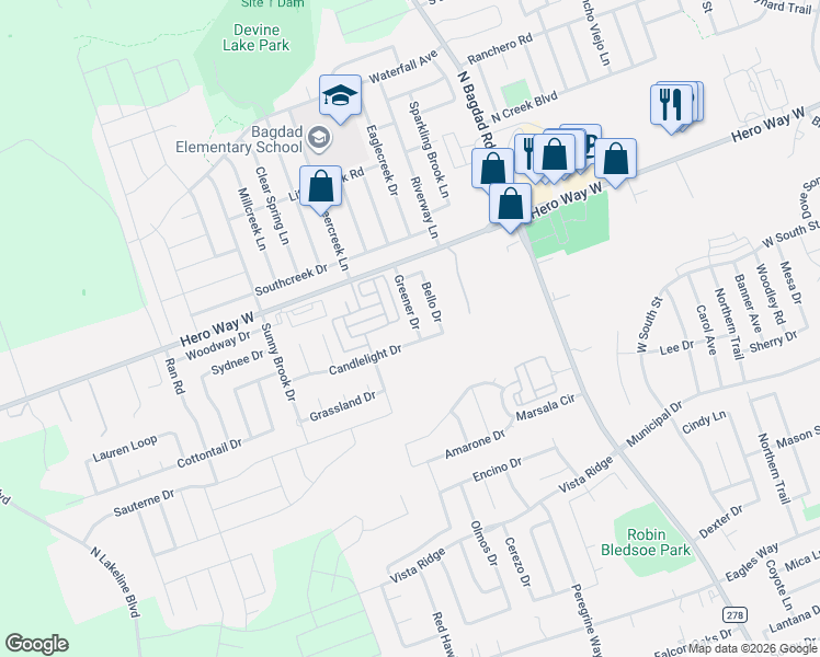 map of restaurants, bars, coffee shops, grocery stores, and more near 303 Greener Drive in Leander