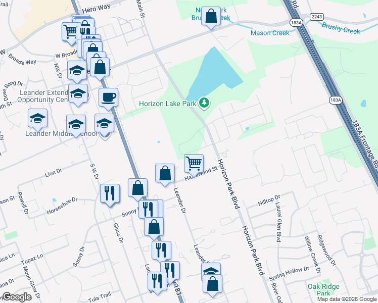 map of restaurants, bars, coffee shops, grocery stores, and more near 405 Hazlewood Street in Leander