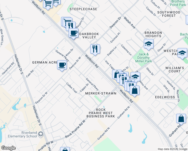 map of restaurants, bars, coffee shops, grocery stores, and more near 3309 Wakewell Court in College Station