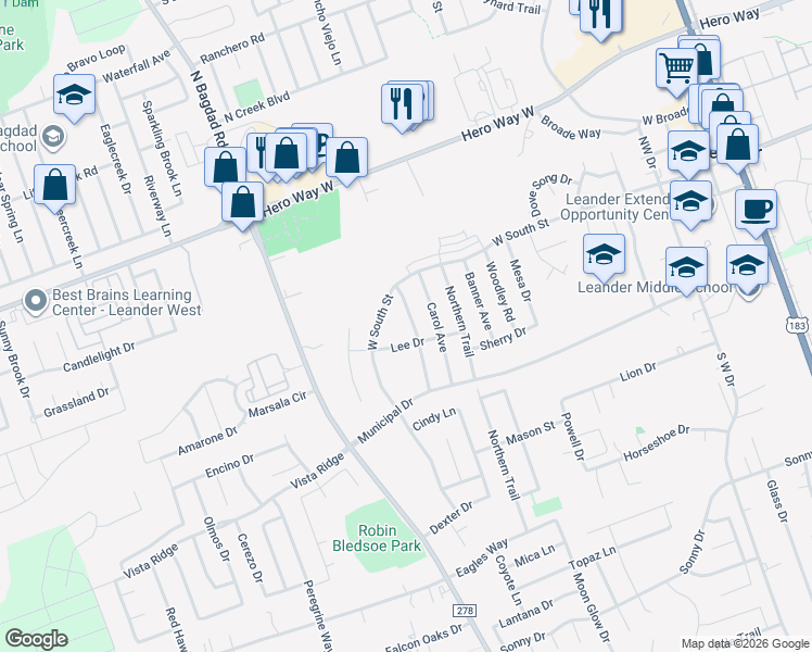 map of restaurants, bars, coffee shops, grocery stores, and more near 201 Katherine Way in Leander