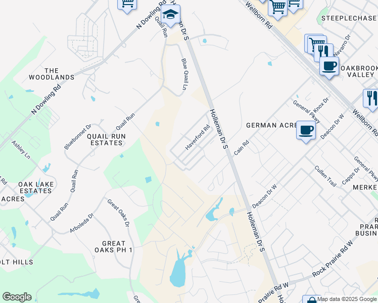 map of restaurants, bars, coffee shops, grocery stores, and more near 3605 Haverford Road in College Station