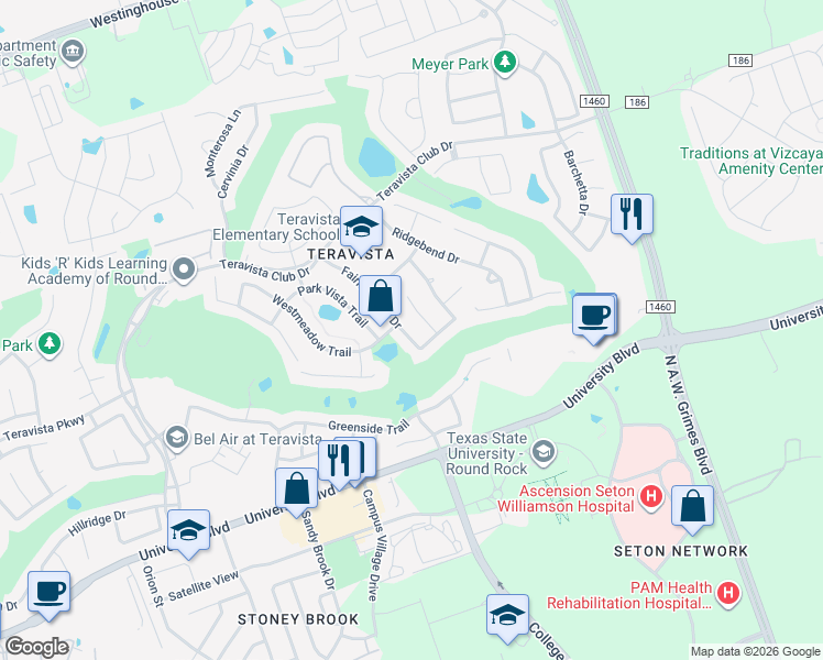 map of restaurants, bars, coffee shops, grocery stores, and more near 4196 Fairmeadow Drive in Round Rock