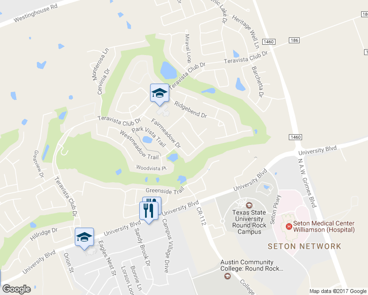 map of restaurants, bars, coffee shops, grocery stores, and more near 4196 Fairmeadow Drive in Round Rock