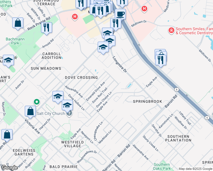 map of restaurants, bars, coffee shops, grocery stores, and more near 1013 Dove Run Trail in College Station