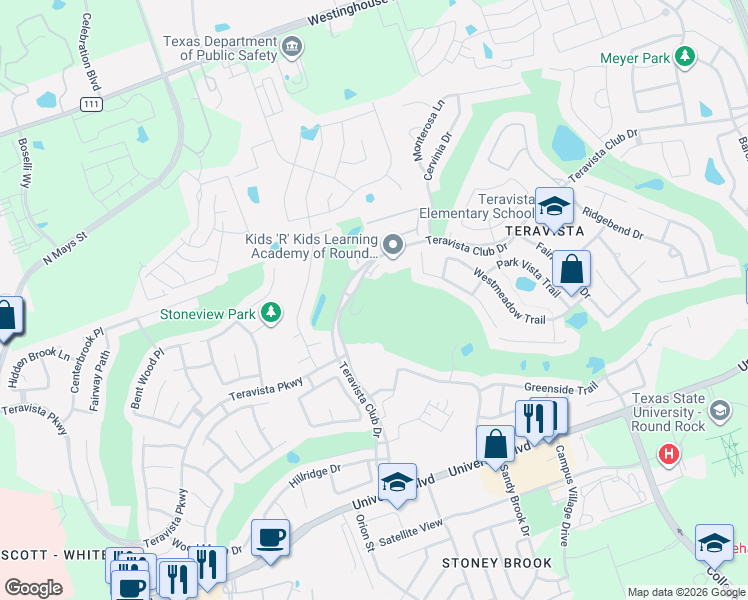 map of restaurants, bars, coffee shops, grocery stores, and more near 4333 Teravista Club Drive in Round Rock