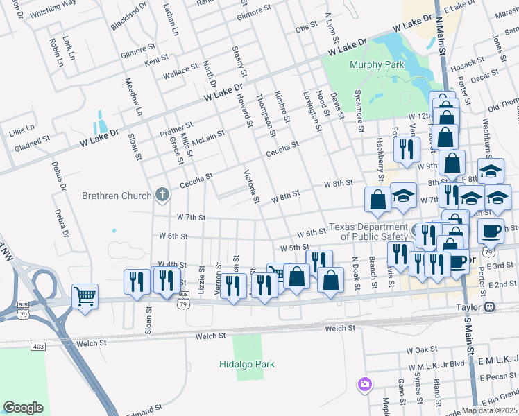 map of restaurants, bars, coffee shops, grocery stores, and more near 798 Victoria Street in Taylor