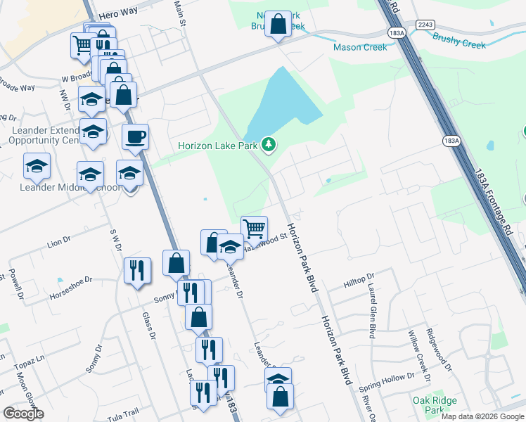 map of restaurants, bars, coffee shops, grocery stores, and more near 405 Hazlewood Street in Leander