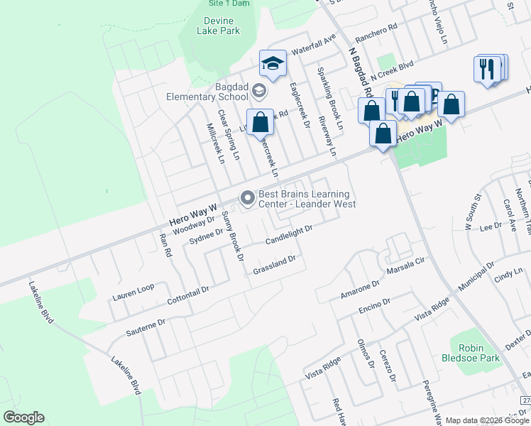 map of restaurants, bars, coffee shops, grocery stores, and more near 314 Crossland Cove in Leander