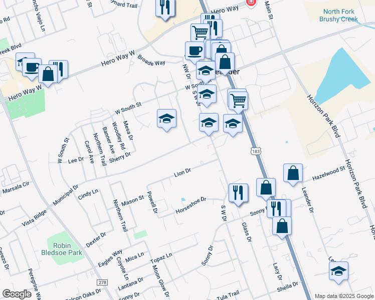 map of restaurants, bars, coffee shops, grocery stores, and more near 410 Municipal Drive in Leander